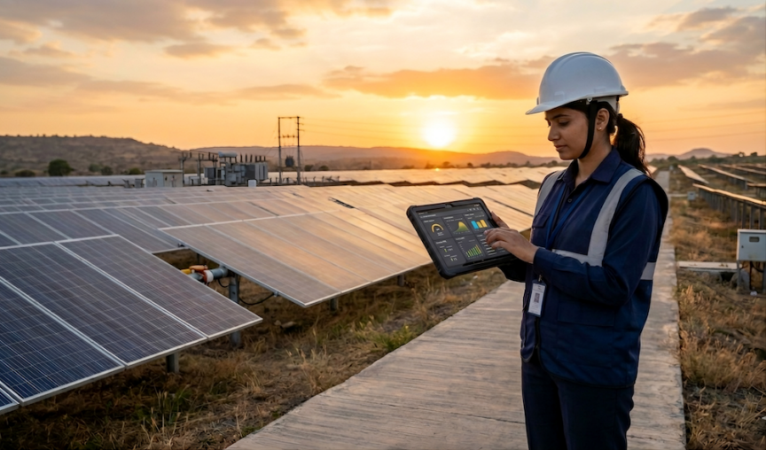 Ingenieurin prüft Solarmodule in einem Solarpark bei Sonnenuntergang